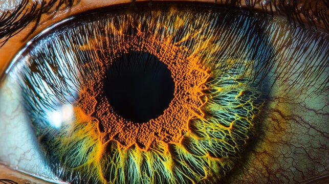 Iris fiber patterns extreme macro complex collagen structures melanin orange blue green yellow pigmentation contraction furrows environmental lighting reflection