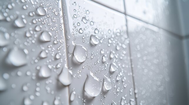Water spreading ceramic tile bathroom wall glazed surface water repulsion droplets rolling side angle macro photography spherical beads light gray glossy