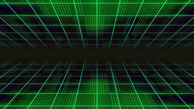 Retro 80s synthwave-style digital landscape with neon-green perspective lines and motion particles.