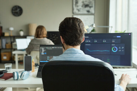Employee analyzing financial dashboard on computer in office