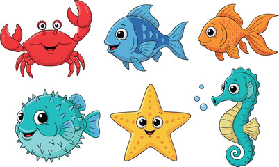 Cute Cartoon Sea Animal Set with Crab, Fish, Starfish, Seahorse, and Puffer Fish for Kids, Education, and Ocean Design Projects © Rtazmina