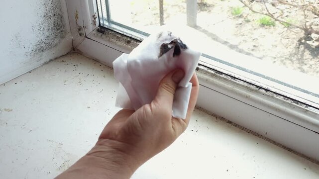 Close-up of a hand using a wet wipe to clean black mold and grime from a window sill and frame, showing the cleaning process