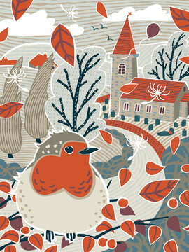 Robin on branch in autumn countryside village vector illustration