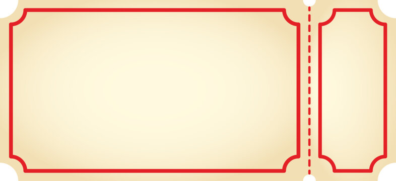Blank vintage ticket template with red border. Retro cinema, theater, or event raffle ticket mockup isolated on white background. Vector illustration