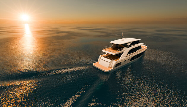 Aerial view of a luxury yacht sailing on the ocean at sunset