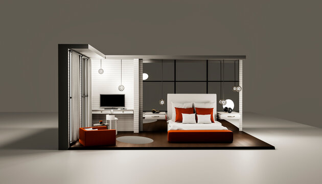 3D render of a modern minimalist bedroom with orange accents