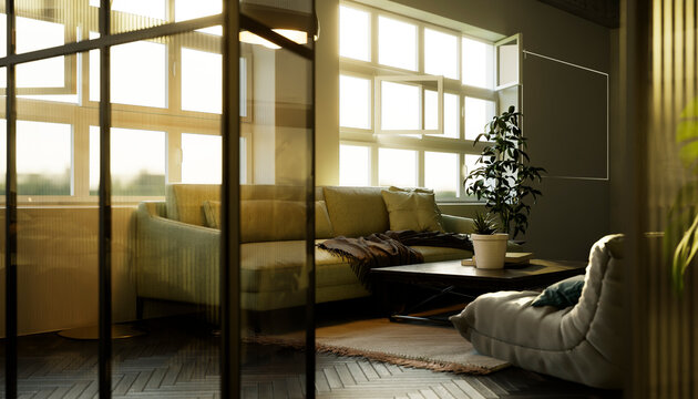 Modern minimalistic living room interior in daylight