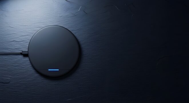 Sleek black wireless charging pad with illuminated blue indicator light on dark textured surface