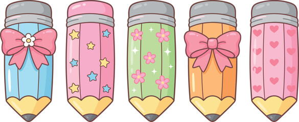 Fototapeta premium Kawaii Pastel Pencil Vector Set with Cute Pink Bows Hearts and Stars for School Stationery Design