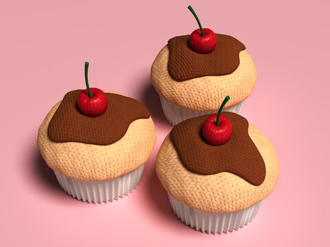 3D rendered knitted cupcakes with cherry and chocolate on pink