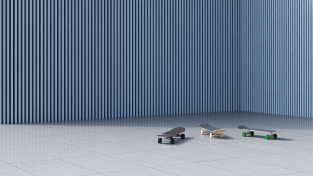 Three skateboards on the floor in an empty modern blue room