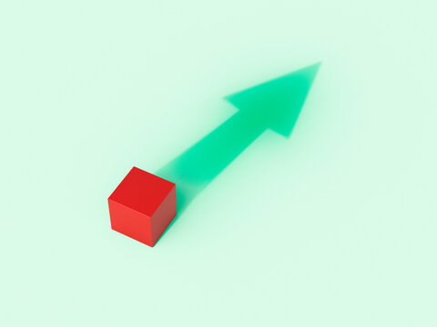 Red cube casting an arrow shadow representing business vision
