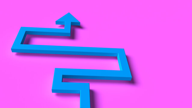 Blue 3D zigzag arrow pointing upward on pink background