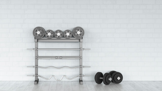 3D rendering of a weight rack and dumbbells in a modern gym