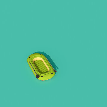 3d rendering of green inflatable boat on turquoise background