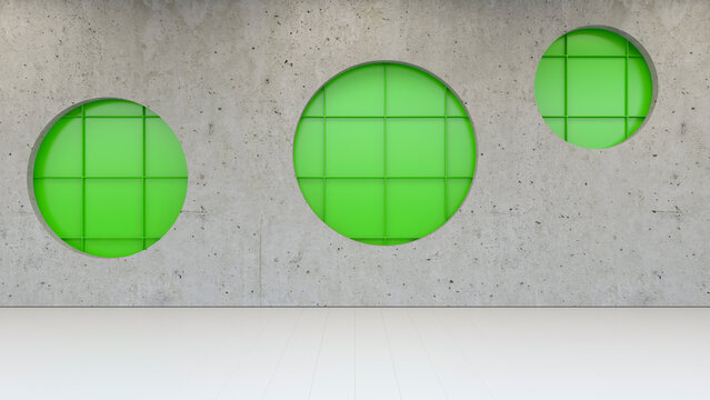 Modern 3d interior with concrete wall and green circular windows