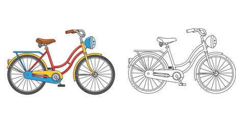 Fototapeta premium Cute Cartoon Bicycle Illustration with Colored and Black and White Line Art Version for Kids Coloring Page, Educational Materials and Vector Graphic Design