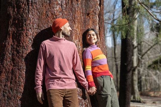 Couple holding hands and smiling together by a giant redwood tree outdoors