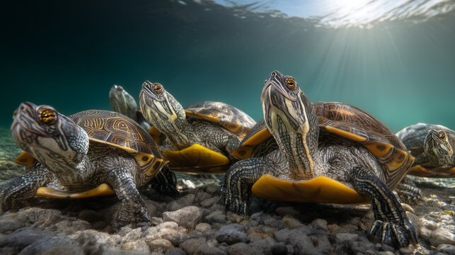 Group of Turtles Resting Beneath Clear Water Surface in Serene Environment