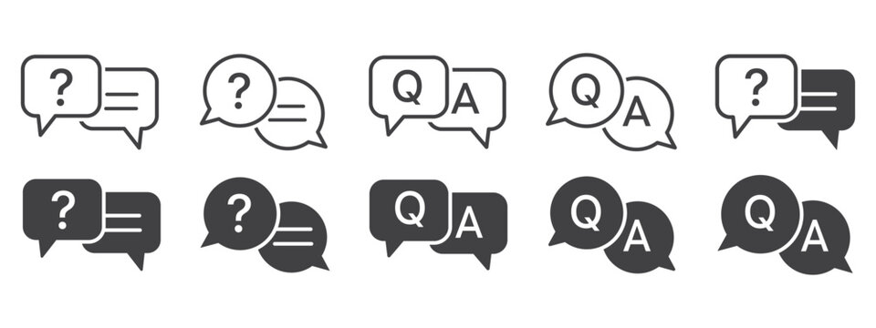 Diverse Communication Icon Set - Q and A Speech Bubbles with Ellipsis Dots and Inquiry Marks for Live Chat Support, Community Forums, Feedback Dialogs, and Interactive Knowledge Base Interface