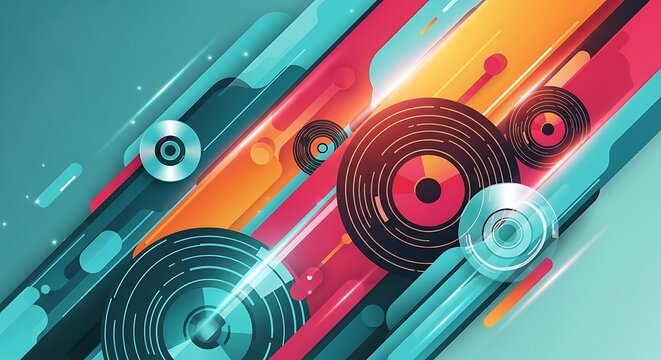 Vibrant abstract music background with vinyl records, cds, and dynamic geometric elements