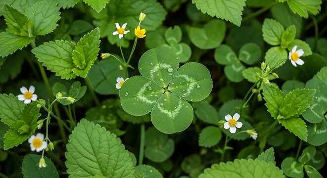 Four leaf clover in green grass with small white flowers and water drops, symbol of luck and fortune, macro nature photography