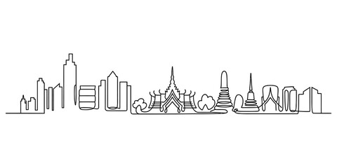 Obraz premium Bangkok city skyline continuous line drawing showing famous thai temples and modern skyscrapers in a minimalist artistic travel illustration style