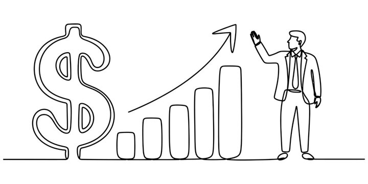 Businessman pointing at growing financial chart and dollar sign in a continuous one line drawing style representing business success and investment