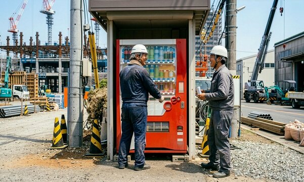 建築現場で休憩をする、作業員