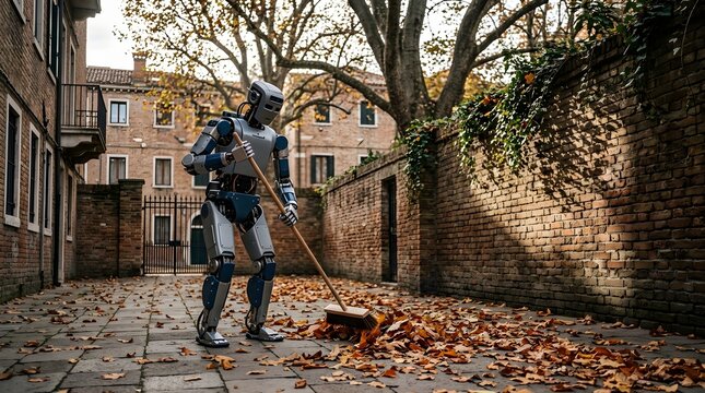 Futuristic robot diligently sweeps fallen autumn leaves on a cobblestone path