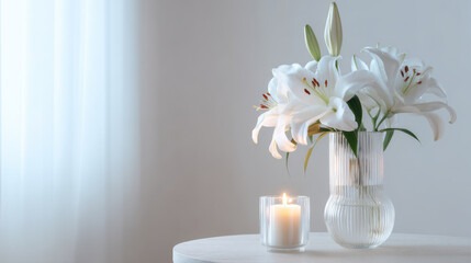 White lilies in glass vase with burning candle © timurlan999