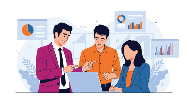 Collaborative group of young professionals discusses financial reports and business charts on a laptop screen during a meeting.