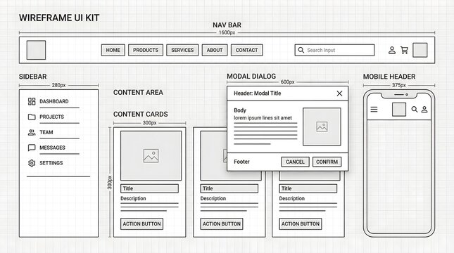 Clean wireframe UI kit for web and mobile app design with navigation and content elements
