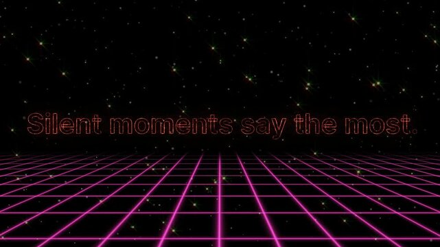 Futuristic neon grid with 'silent moments are my nest' text in space