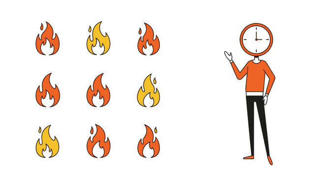 Fire icons set with character heat concept illustration