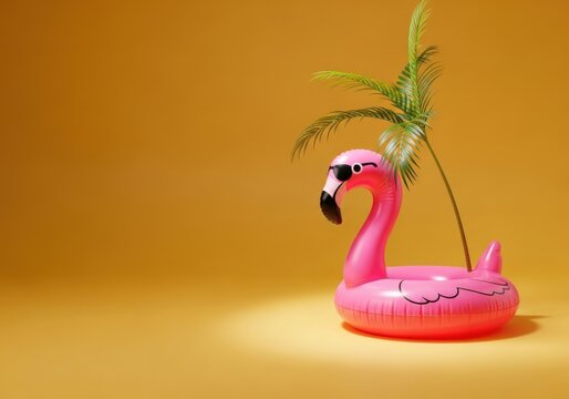 pink flamingo pool float with palm leaves on warm gradient background