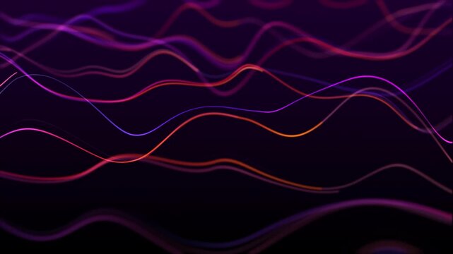 Violet digital horizon of flowing neon lines on dark background. Smooth layered wave motion with glowing streaks, abstract data stream landscape, futuristic sci fi energy surface, loop, 4K 60fps