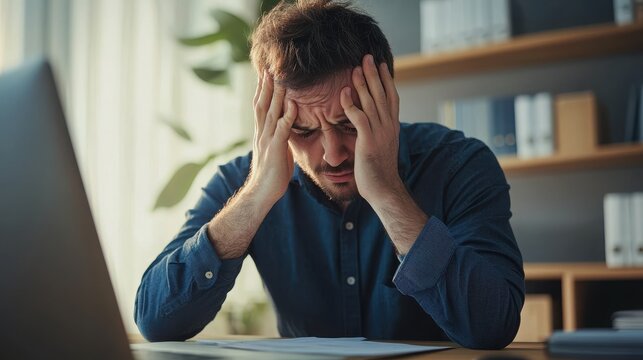 A deeply distressed young man with dark hair sits hunched over his office desk, gripping his head in his hands, clearly struggling with immense stress or a challenging problem.
