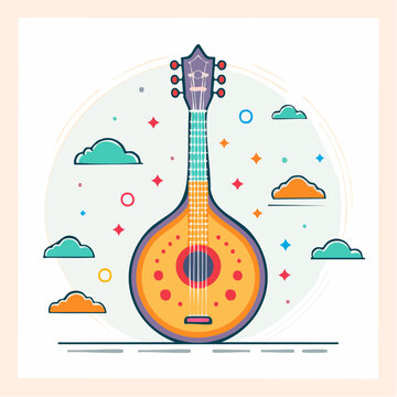 Mandolin Instrument Illustration with Clouds and Stars