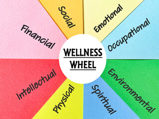 Fototapeta premium Holistic wellness wheel showing key areas of health including emotional, physical and social wellbeing for balanced living.