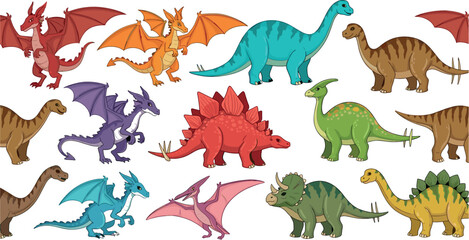 Colorful Cartoon Dinosaur and Dragon Character Set with Stegosaurus, Brachiosaurus, Pterodactyl, and Triceratops for Kids Prehistoric Design © Rtazmina