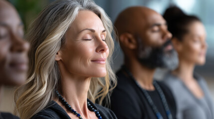 Obraz premium Meditation group harmony calm diverse adult peaceful serene mindfulness wellness group meditation harmony calm diverse adult peaceful serene mindfulness wellness practice studio setting with soft