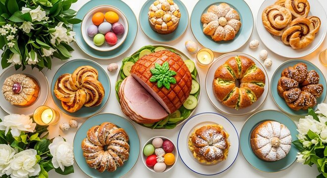 Delicious easter feast with glazed ham, sweet pastries, and colorful eggs, isolated on white background