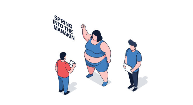 Isometric Illustration of a Plus-Size Woman and Two Men.