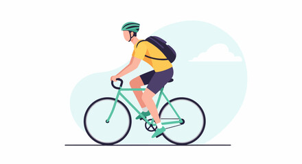 Fototapeta premium Man Riding Bicycle Wearing Helmet and Backpack.