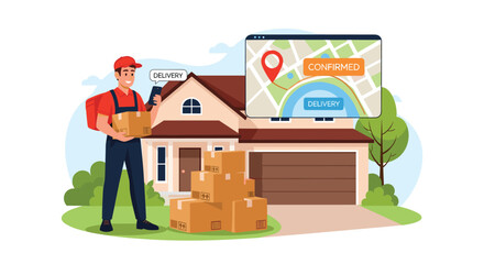 Naklejka premium Cheerful delivery worker stands in front of a house with several packages while checking the delivery status on a digital map.