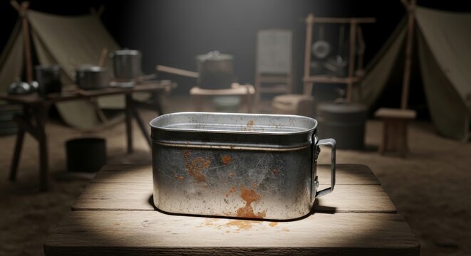Worn Soldier's Mess Kit Dented and Stained on Wooden Table