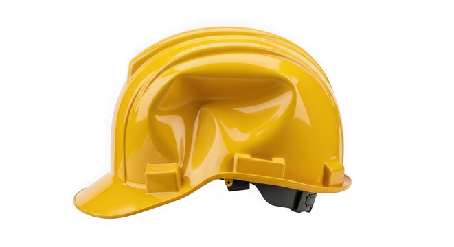 Damaged yellow construction safety hard hat helmet with a large dent on top