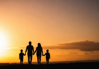 Fototapeta premium Family silhouette walking at sunset, holding hands across a golden sky, evokes themes of unity, journey, and family togetherness