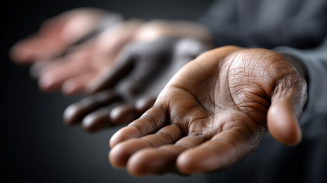 Hand palm skin diversity unity support hope human gesture request open multiracial african caucasian closeup focus line texture detail horizontal row group people together community solidarity